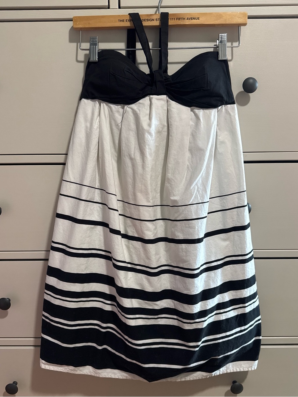 Charlotte Russe Y2K Halter Bow Dress Size Medium Black White Stripe Cotton